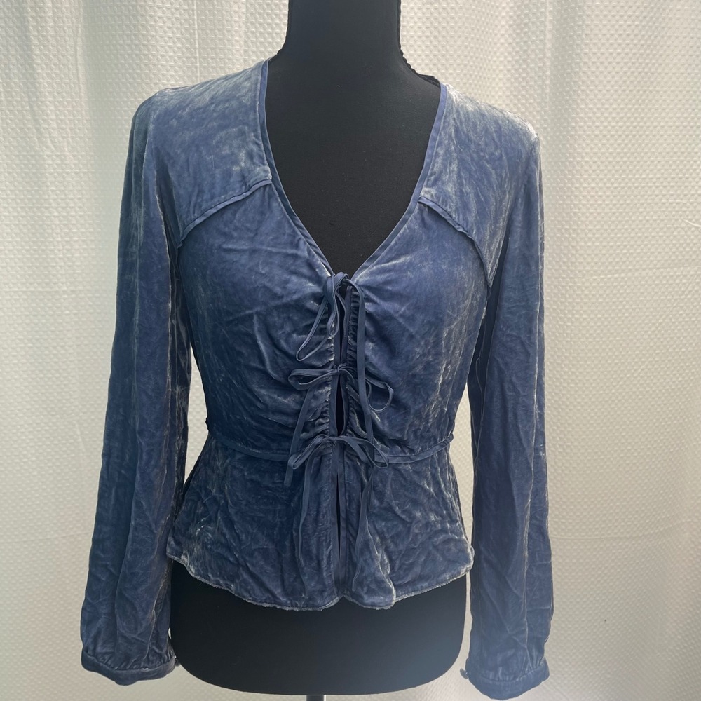 Blue Crushed Velvet Lace Up Front Silk Blend Peplum Blouse V-Neck Long Sleeve
